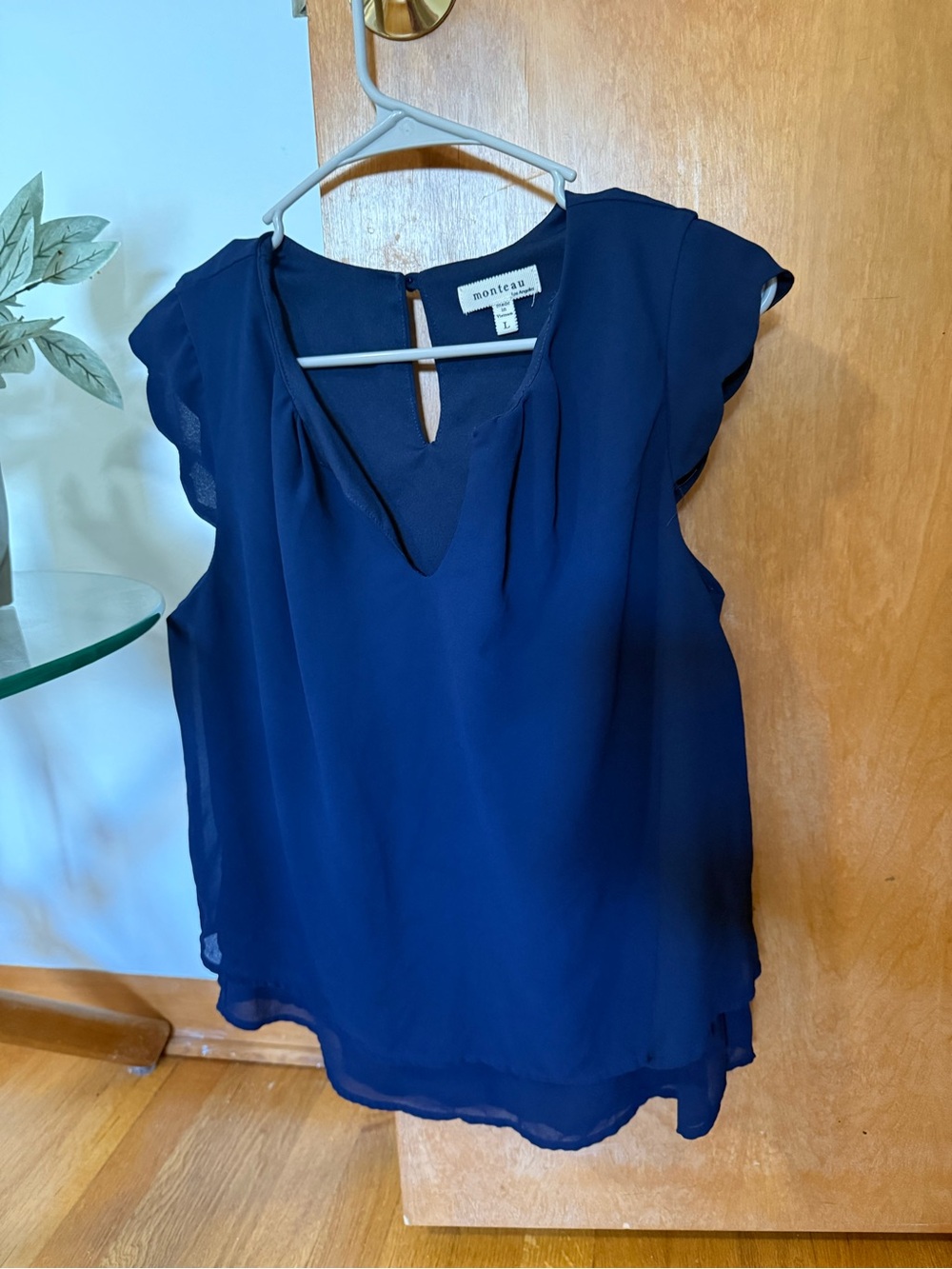 Monteau Navy Layered Chiffon Cap Sleeve Blouse